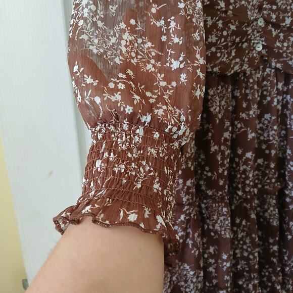 Indulge Instyle Dress Womens XL Brown A-line Floral Long Sleeve Chiffon Coquette - Picture 6 of 16